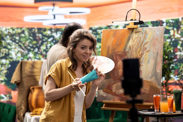 Foto gratuito artista mujer explicando las técnicas de pintura utilizadas en un tutorial en línea
