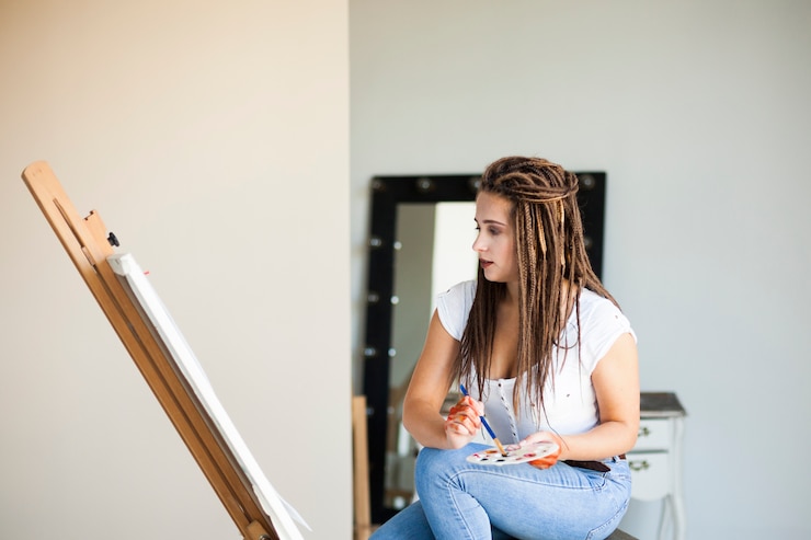 Foto gratuito artista pintando en lienzo en estudio