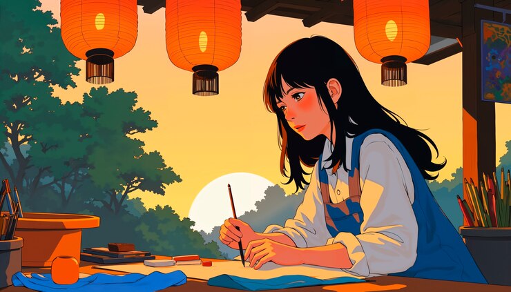 Foto gratuito artista pintando durante la puesta de sol bajo linternas tradicionales japonesas