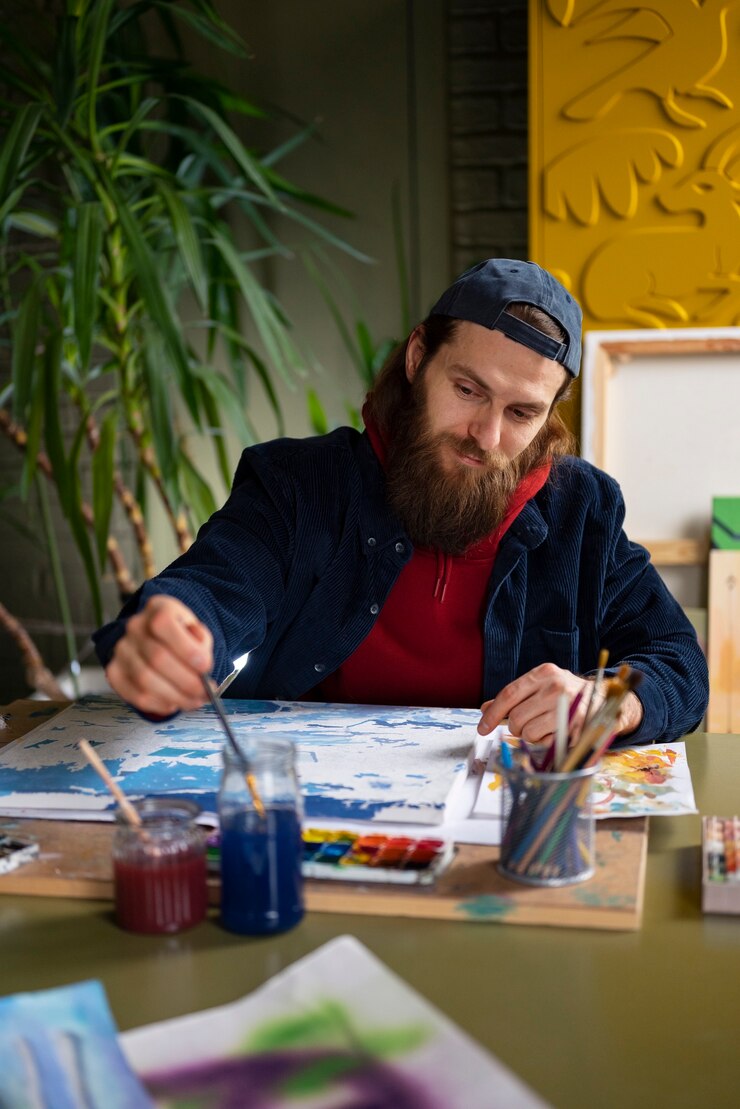 Foto gratuito artista que usa acuarela para pintar su arte en el estudio.
