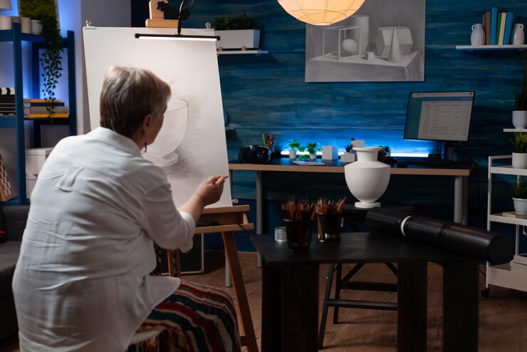 Foto gratuito artista senior dibujando un dibujo a lápiz original de un jarrón de naturaleza muerta que se siente creativo en un caballete en un estudio casero. mujer mayor creando un boceto de diseño auténtico en un taller de estudio de luz.