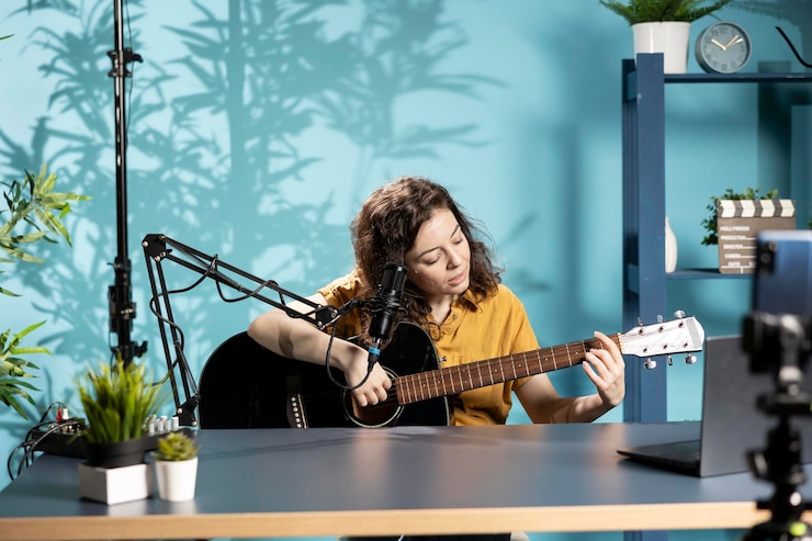 Foto gratuito artista talentoso tocando música en la guitarra filmando con un teléfono inteligente
