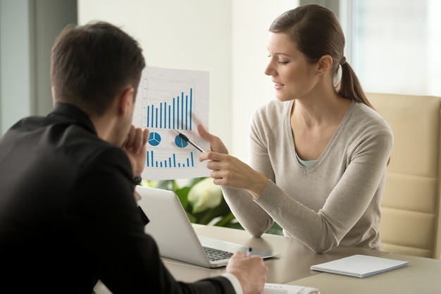 Asesor financiero femenino explicando el plan de negocios