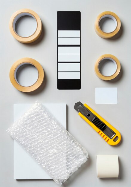 Assortment of packing supplies, including tape rolls