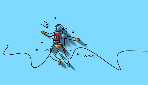 Astronauta 3D cayendo - Ilustración de diseño de arte de línea de círculo plano.