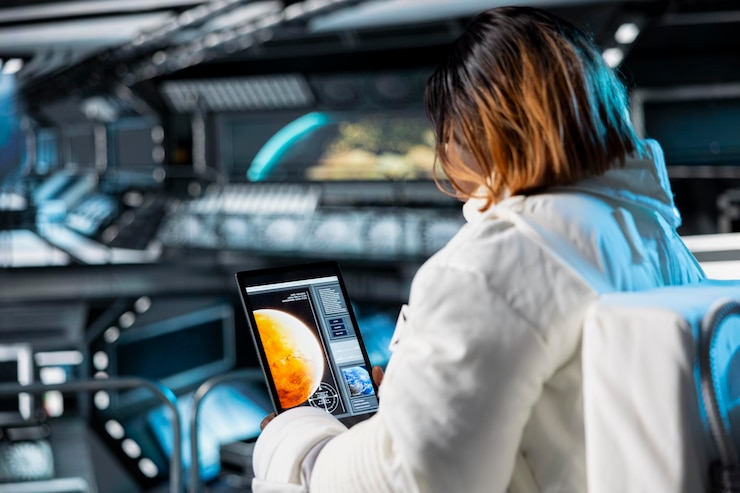 Foto gratuito un astronauta comprueba una tableta antes de aterrizar una nave espacial con tecnología de ingeniería avanzada