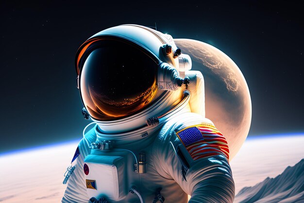 Un astronauta en el espacio con un planeta al fondo.