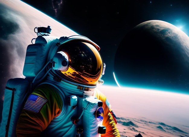 Foto gratuita un astronauta en el espacio con un planeta al fondo.