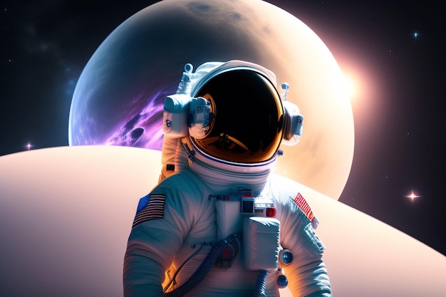 Un astronauta frente a un planeta con el sol detrás de él.