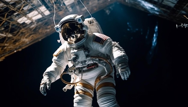 El astronauta futurista en su traje espacial estaba armado con determinación generado por AI