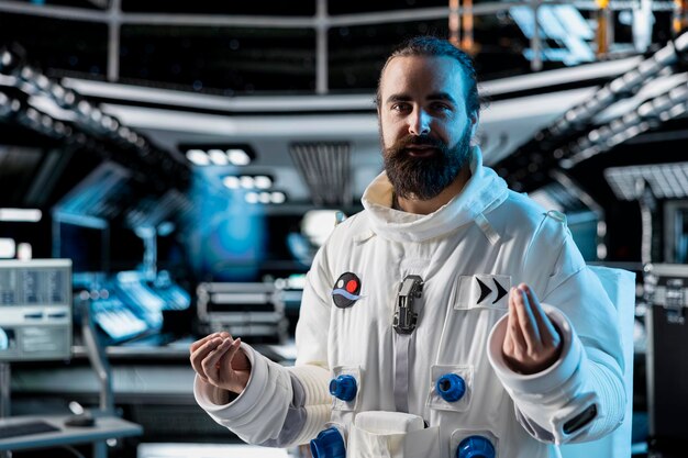 El astronauta hace una explicación en la nave espacial durante una videoconferencia con el centro de mando