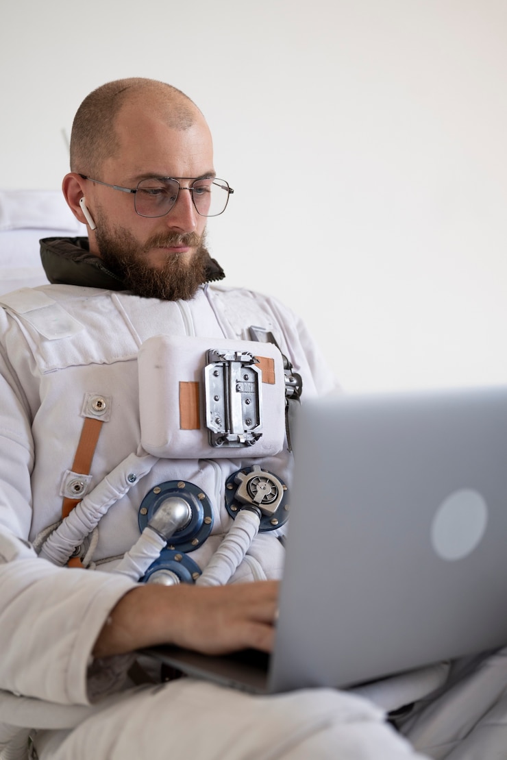 Foto gratuito astronauta masculino trabajando en su computadora portátil en traje espacial