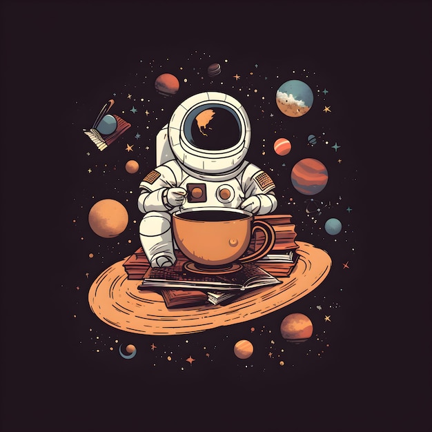 Astronauta con una taza de café y libros Ilustración vectorial