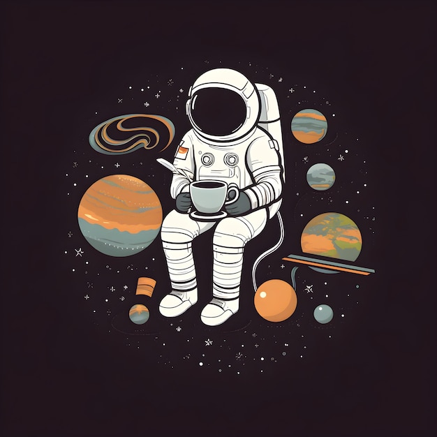 Foto gratuita astronauta con una taza de café en la mano ilustración vectorial