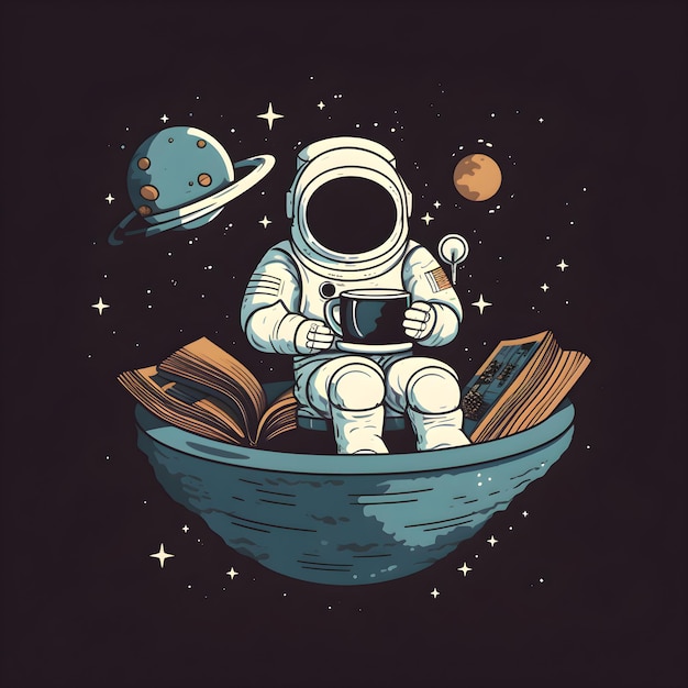 Foto gratuita astronauta con una taza de café en la mano ilustración vectorial