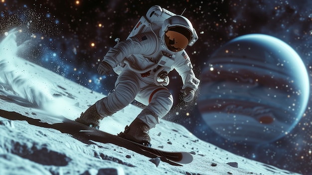 Astronauta con traje espacial practicando snowboard en la luna