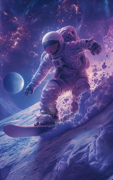 Astronauta con traje espacial practicando snowboard en la luna