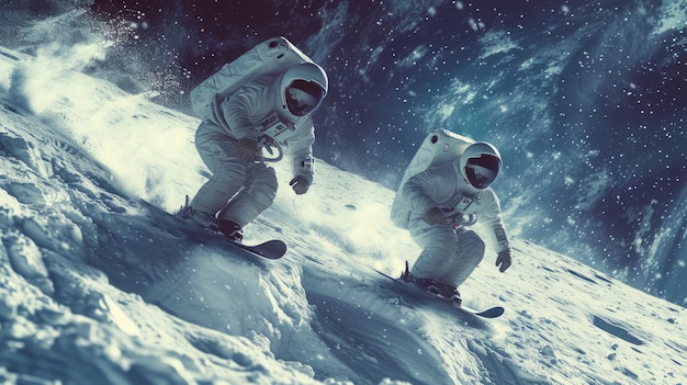 Foto gratuita astronautas con trajes espaciales practicando snowboard en la luna