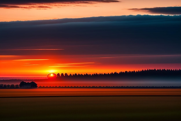 Foto gratuita un atardecer con un campo y árboles al fondo.