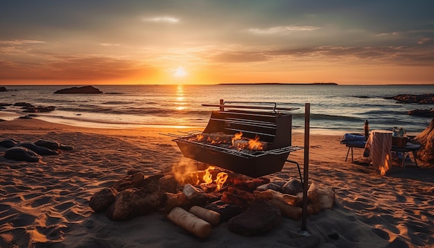 Foto gratuita atardecer de carne a la parrilla y olas en un picnic generado por ia