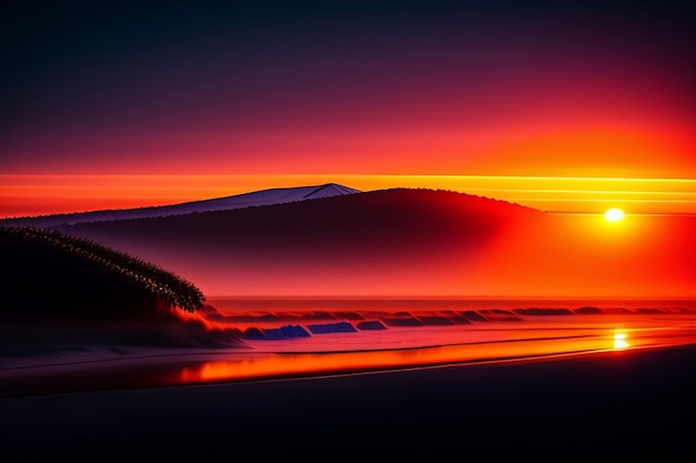 Un atardecer con una montaña al fondo