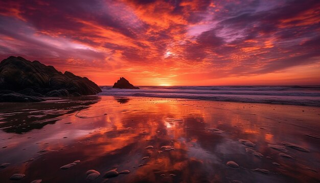 Atardecer sobre el tranquilo paisaje marino La belleza natural abunda generada por IA