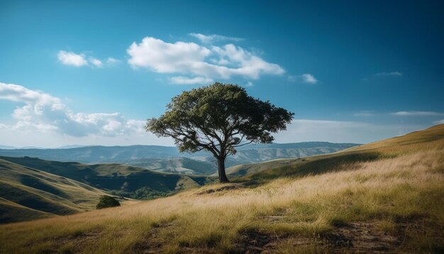 Atardecer tranquilo sobre prados de montaña y árboles generados por IA