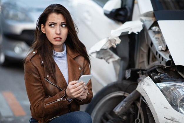 Aterrorizado usando el teléfono móvil y llamando al servicio de emergencia después de un accidente automovilístico en la ciudad