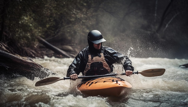 Atleta caucásico rema en canoa a través de aguas rápidas generadas por IA
