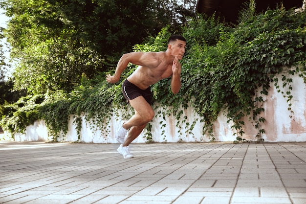 Un atleta masculino musculoso haciendo ejercicio en el parque