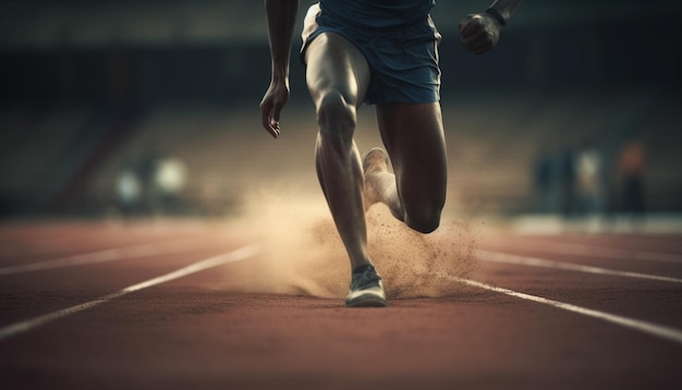 Atleta musculoso corre hacia la victoria en pista generada por IA