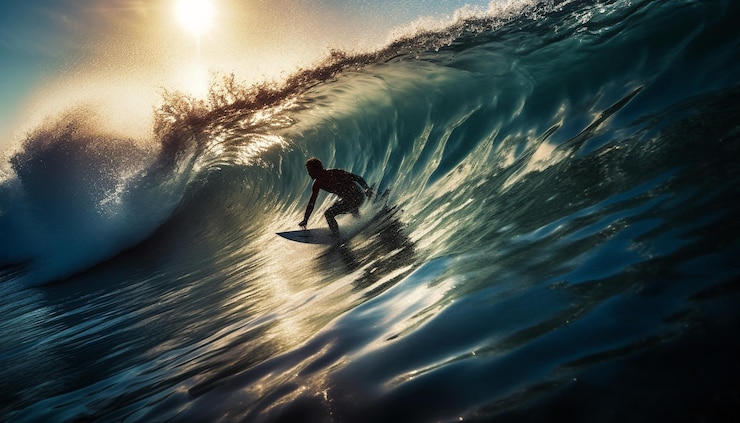 Foto gratuito atleta musculoso se equilibra en una tabla de surf rociando líquido generado por ia
