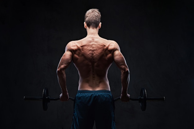 Foto gratuita el atlético ectomorfo macho sin camisa sostiene una barra sobre un fondo gris oscuro. vista trasera.