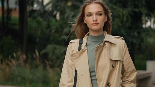 Atractiva estudiante vestida con una gabardina que parece pensativa yendo a casa después de la universidad a través del acogedor parque de la ciudad