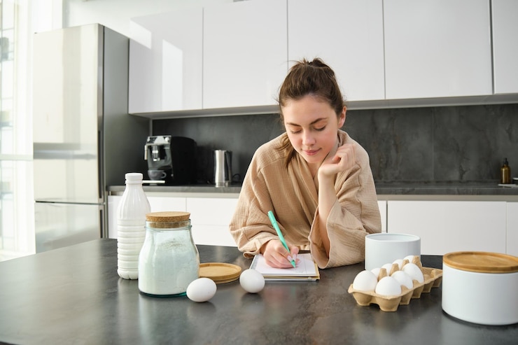 Foto gratuito atractiva joven alegre horneando en la cocina haciendo masa sosteniendo un libro de recetas con ideas