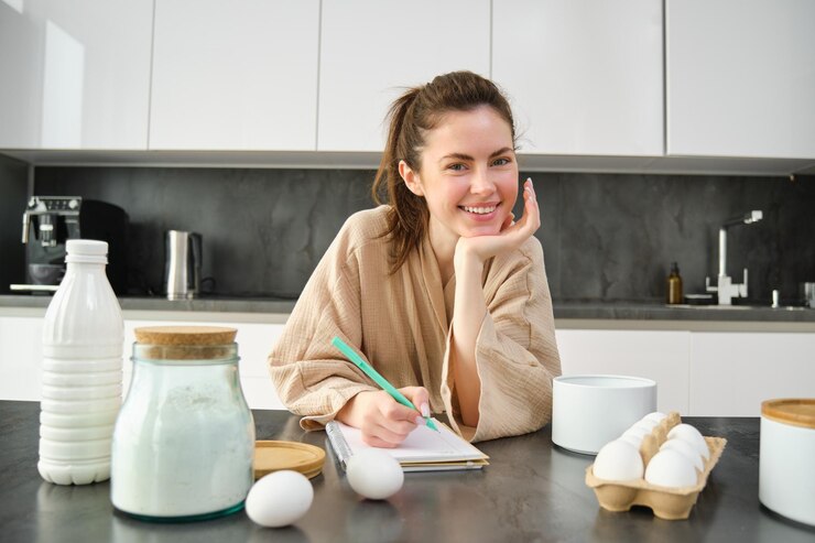 Foto gratuito atractiva joven alegre horneando en la cocina haciendo masa sosteniendo un libro de recetas con ideas