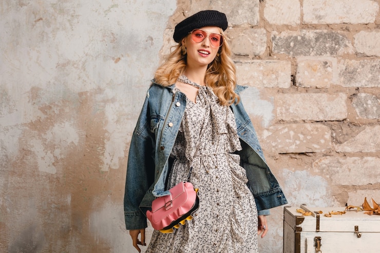Foto gratuito atractiva mujer rubia con estilo en jeans y chaqueta de gran tamaño caminando contra la pared en la calle