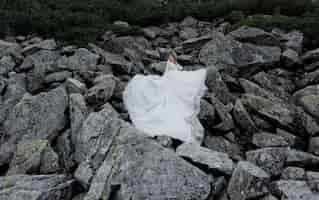 Foto gratuita atractiva novia está de pie sobre las enormes rocas grises vestidas con un vestido ceremonial blanco