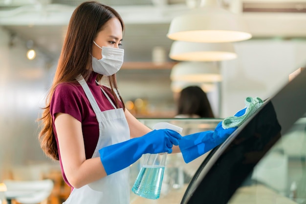 Atractiva y positiva personal asiática joven con delantal uniforme rociando detergente o alcohol en el gabinete de productos de mostrador limpiándolo con un paño suave al desinfectar el café por la mañana seguro y limpio