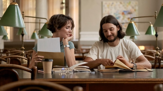 Atractivos estudiantes sonrientes felizmente abriendo los resultados del examen en la biblioteca Jóvenes estudiantes casuales estudiando juntos en el campus universitario