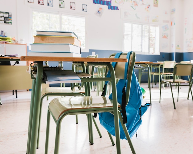 Aula escolar con libros y mochila.