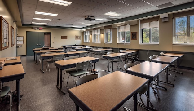 Aula moderna sillas vacías esperando estudiantes generadas por IA