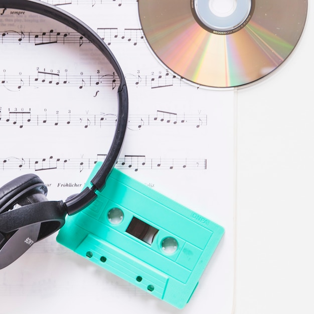 Auricular; disco compacto y cassette turquesa en nota musical sobre fondo blanco