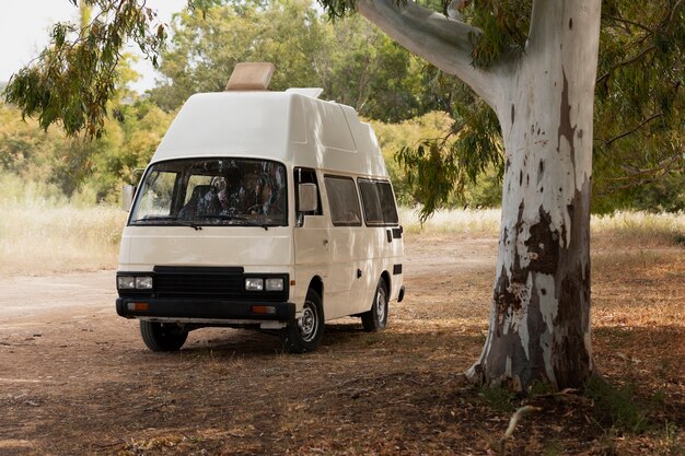 Autocaravana vacía cerca de un árbol alto