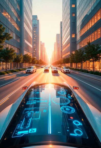 Autonomous car in a futuristic city