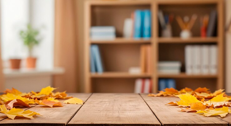 Foto gratuito autumnal scene with leaves on a wooden table