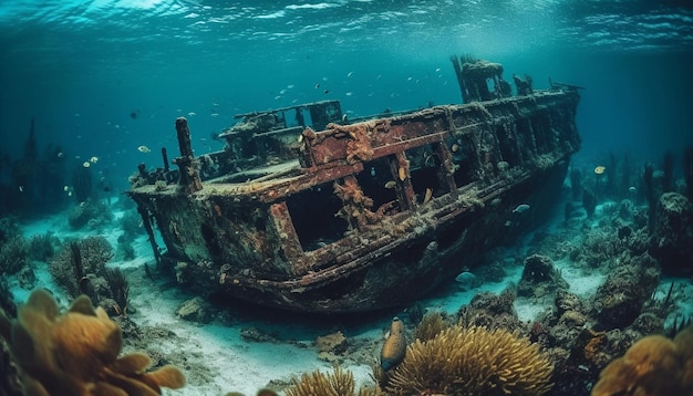 Foto gratuita la aventura de buceo explora arrecifes de naufragios hundidos generados por ia