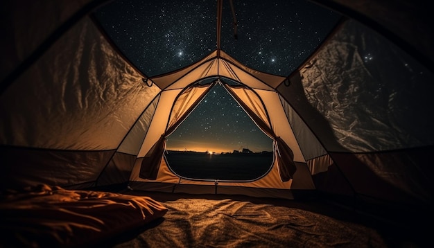 Aventura de campamento nocturno en una cordillera iluminada generada por IA