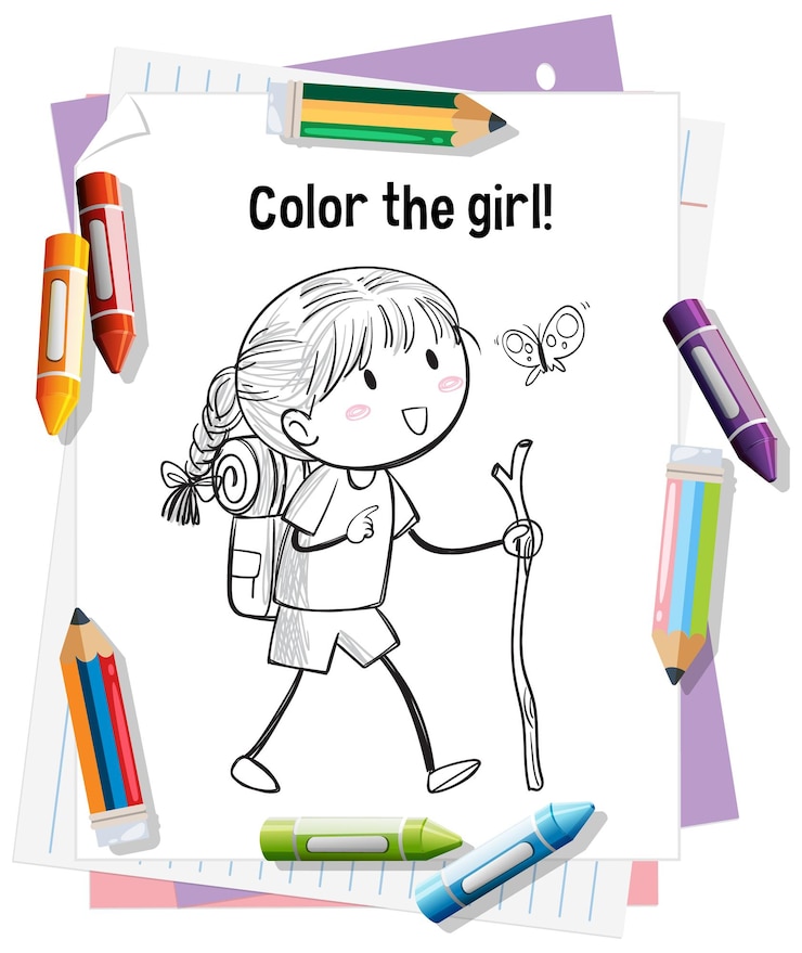 Foto gratuito aventura para colorear con niña y mariposa