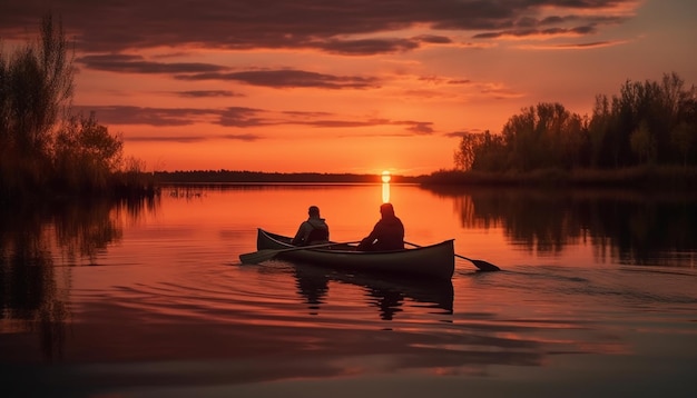 Aventura retroiluminada de dos hombres en canoa al atardecer generada por IA